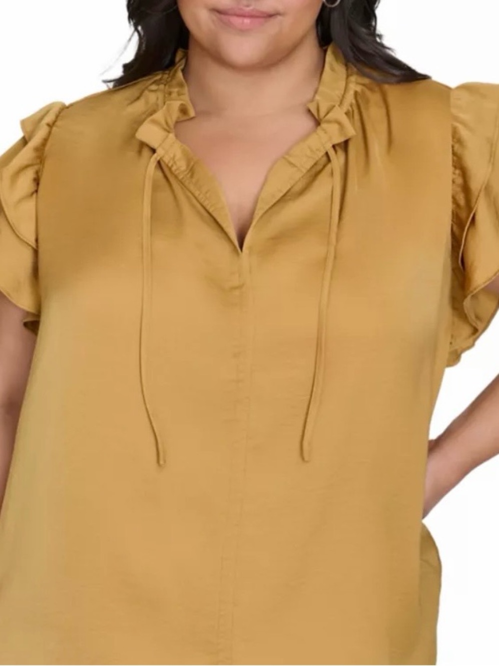 Plus Ruffle Tie-Neck Short Sleeve Top - Mustard